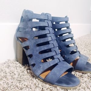 Indigo Rd | Denim Blue Open Toe Booties Block Heel